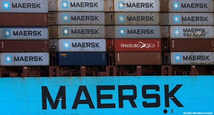 Shipping containers are transported on a Maersk Line vessel through the Suez Canal in Ismailia, Egypt, 7 July, 2021.